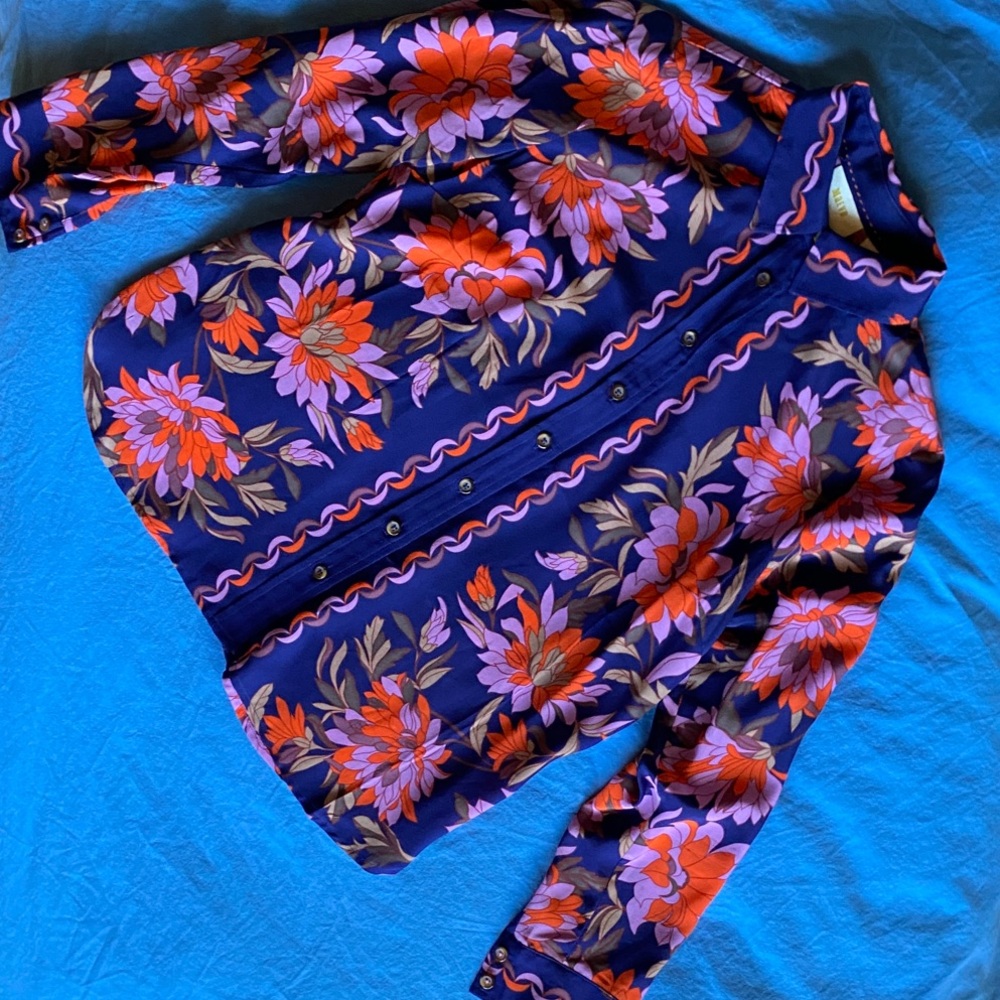Maeve Anthropologie Silk Button-Up Blouse, Electric Orange & Pink on Blue